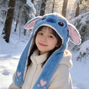 Plush Blue Character Earflap Hat for Kids with Heart Accents